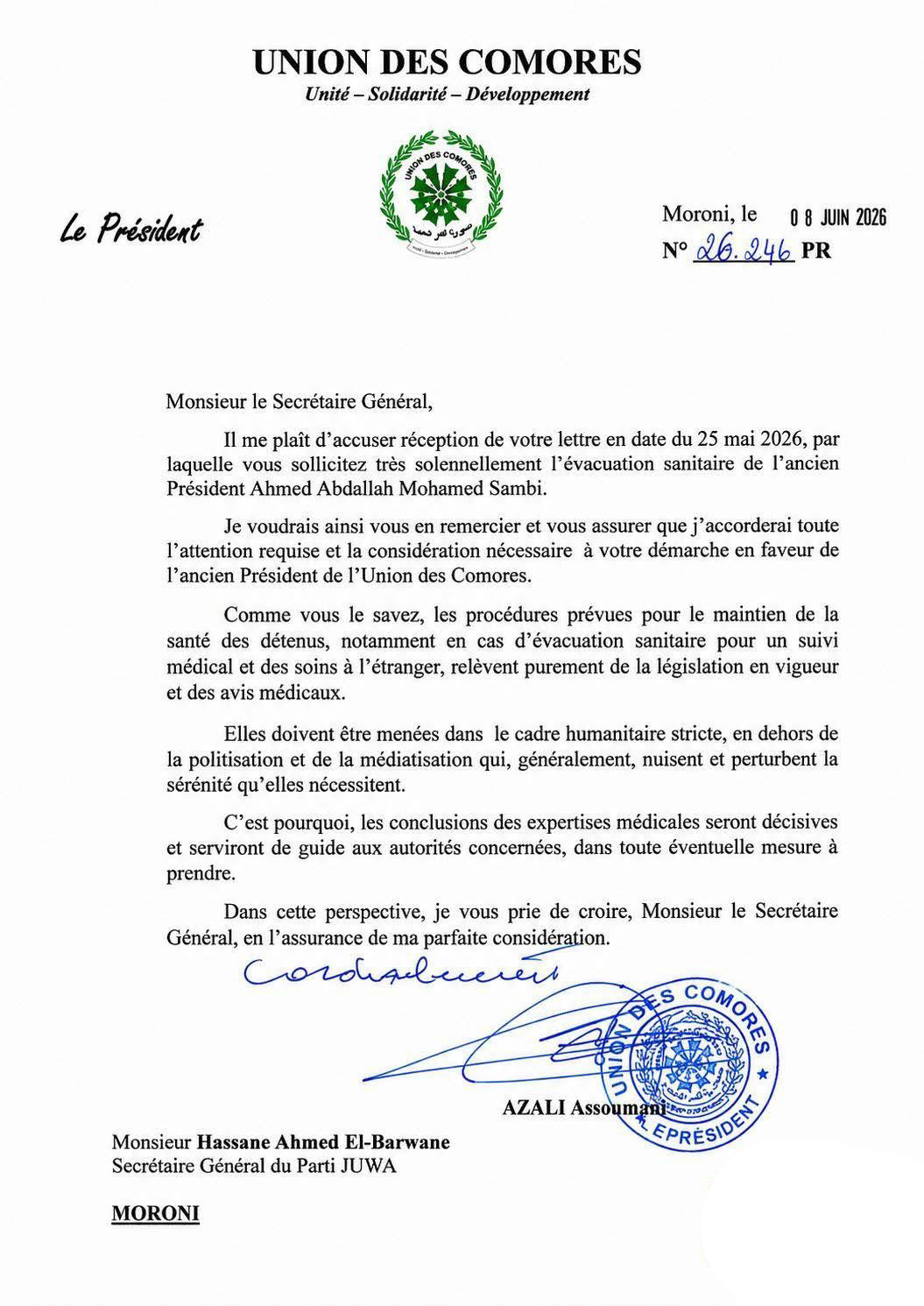 Évacuation sanitaire de Sambi :  Le chef de l’Etat appelle à un cadre strictement médical